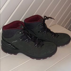 Dark grey hiking boots with purple accents